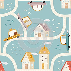 Little Town Kids Seamless Pattern with Cartoon Houses, Roads and Cars. Vector Illustration. Cute City Map Background for Kids