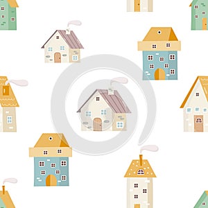 Little Town Kids Seamless Pattern with Cartoon Houses. Vector Illustration. Cute Village Background for Kids Fabric, Textile,