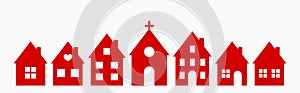 Little town of red houses and church. Flat design houses