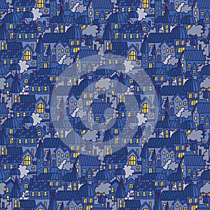 Little town seamless vector pattern in doodle style. Tiny city night background with cartoon houses in the street