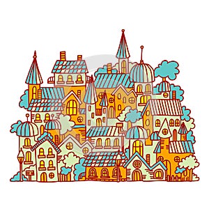 Little town vector illustration with cartoon houses in the street