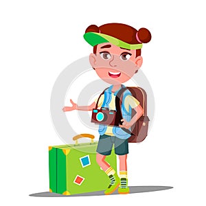 Little Traveler Girl With Suitcase, Cap On His Head And Camera On His Chest Vector. Isolated Illustration