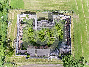 Little Trianon the copy of the Trianon Palace in Floresti Prahova Romania. Top down view from a drone.