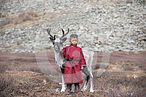 Little tsaatan boy posing with his family`s reindeer.