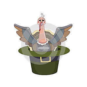 Little Turkey is sitting in a green hat in Cartoon style, vector stock illustration on white isolated background, concept of