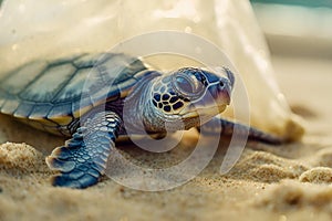 Little turtle entangled of plastic bag on sand beach with garbage