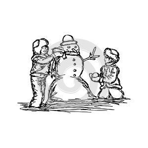 Little two boys building a snowman vector illustration sketch ha