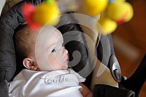 Little two month old baby in a carseat photo