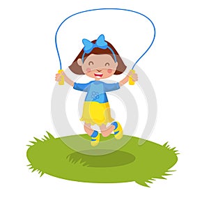 Little Ukraine girl skipping rope. Isolated vector flat character.