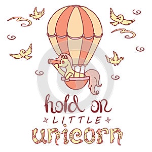 Little unicorn in air balloon looks into a spyglass.