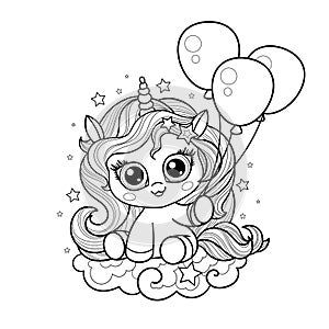 Little unicorn with balloons. Black and white linear drawing. Vector