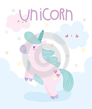 Little unicorn with hearts clouds fantasy magic animal cartoon