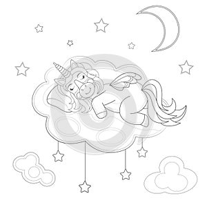 Little unicorn sleeping on cloud.