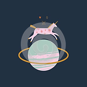 Little unicorn in vector. Magic concept. Funny doodle vector illustration with cosmic pony and planet Saturn.