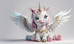 Little Unicorn Wings Cute 3D Art Animated Graphic, Invitation Card Banner Website Design Background - ai generated