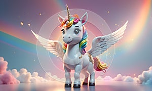 Little Unicorn Wings Rainbow Cute 3D Art Animated Graphic, Invitation Card Banner Website Design Background - ai generated