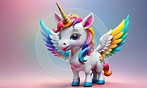 Little Unicorn Wings Rainbow Cute 3D Art Animated Graphic, Invitation Card Banner Website Design Background - ai generated