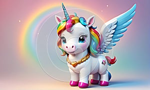 Little Unicorn Wings Rainbow Cute 3D Art Animated Graphic, Invitation Card Banner Website Design Background - ai generated