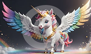 Little Unicorn Wings Rainbow Cute 3D Art Animated Graphic, Invitation Card Banner Website Design Background - ai generated