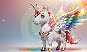 Little Unicorn Wings Rainbow Cute 3D Art Animated Graphic, Invitation Card Banner Website Design Background - ai generated