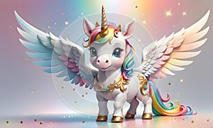 Little Unicorn Wings Rainbow Cute 3D Art Animated Graphic, Invitation Card Banner Website Design Background - ai generated