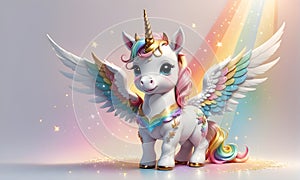 Little Unicorn Wings Rainbow Cute 3D Art Animated Graphic, Invitation Card Banner Website Design Background - ai generated