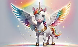 Little Unicorn Wings Rainbow Cute 3D Art Animated Graphic, Invitation Card Banner Website Design Background - ai generated