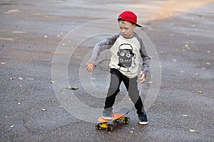 Little urban boy with a penny skateboard. Young kid riding in th