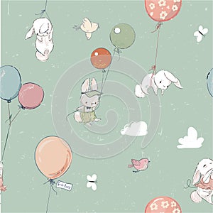 Little vector hares fly with balloon. seamless pattern