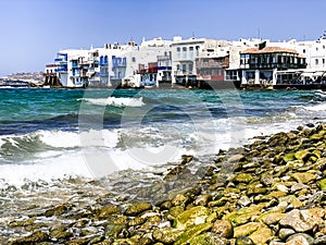 Little Venice front houses on Mykonos island, Greece