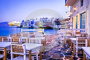 Little Venice with greek tavern in Mykonos, Greece