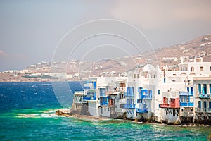 Little Venice the most popular attraction in Mykonos Island Greece, Cyclades