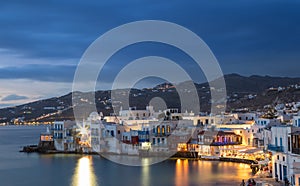 Little Venice of Mykonos town at blue hour, Greece