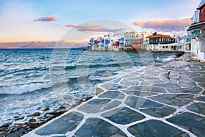 Little Venice at night on island Mykonos, Greece