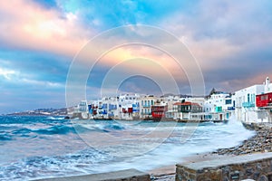 Little Venice at sunset on island Mykonos, Greece