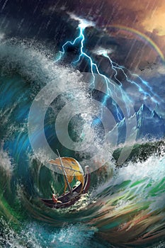 A little Vessel with Stormy Sea. Fiction Backdrop. Concept Art