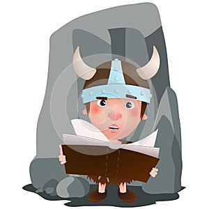 Little viking have a book in the hand. Cartoon character