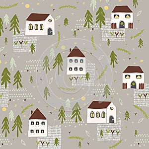 Little Village Church House n Trees Vector Pattern
