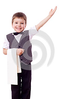 Little waiter with towel and pointing hand