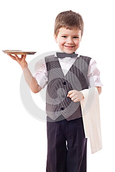 Little waiter with tray and towel photo