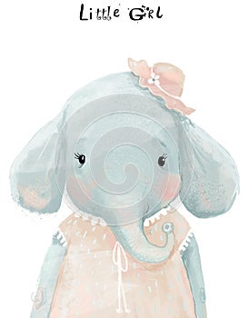 Little watercolor girl elephant with pink dress
