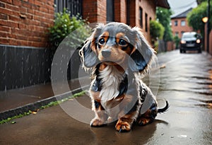 Little wet dog under rain. Generative AI