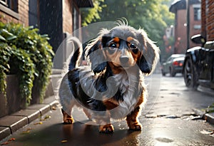 Little wet dog under rain. Generative AI