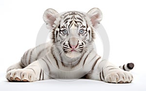 Little white bengal tiger lying exhausted looking cute isolated on a white background