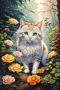 A little white cat in a flower garden in the middle of the forest. Ai generated