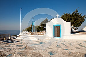 Little white chapel on the hill. Small church in Faliraki, Greek