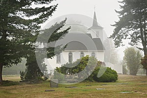 Little White Church on a Foggy Morning.