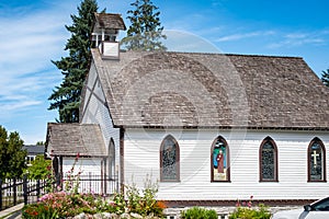 Little white Church in rural BC. An old country church. Exterior of a White Traditional Church in North America