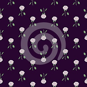 Little white hydrangea flower silgouettes seamless nature pattern. Dark purple background