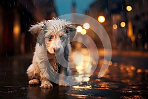 little white puppy got lost. A lonely puppy sits on the street of a big city. Night, rain